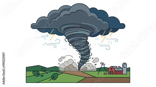 Flat vector outline illustration of a tornado funnel over land, extreme weather disaster concept, simple geometric shapes, clean lines