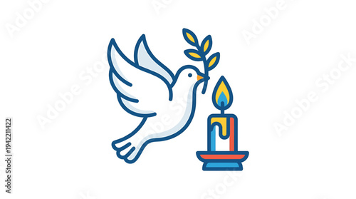 Peaceful Dove with Olive Branch and Candle Memorial Scene. Vector Illustrations. EPS Editable