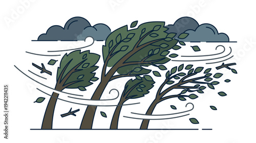 Flat vector outline illustration of strong wind bending trees, storm and hurricane disaster concept, simple geometric shapes