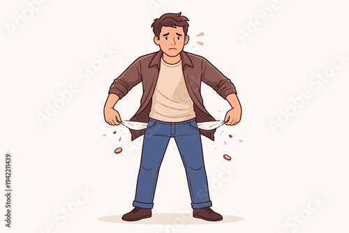 Vector illustration of a broke and sad young man showing his empty pockets with falling coins, representing financial crisis, poverty, unemployment, bankruptcy, and debt in a simple flat design style