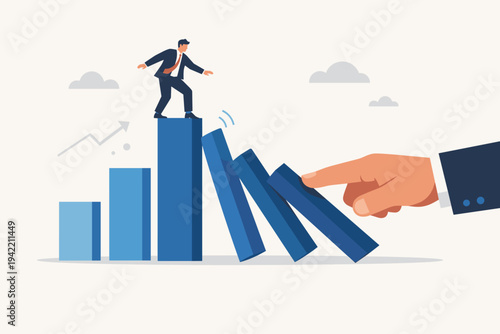 Businessman Standing on a Bar Graph as a Giant Hand Pushes Over Dominoes Representing Financial Risk, Market Instability, Economic Crisis, and the Domino Effect in Global Business and Finance.