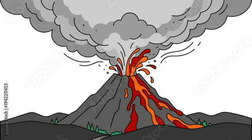 Minimal flat vector outline illustration of a volcano erupting, natural disaster concept with lava and smoke shapes, clean line art