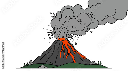 Minimal flat vector outline illustration of a volcano erupting, natural disaster concept with lava and smoke shapes, clean line art