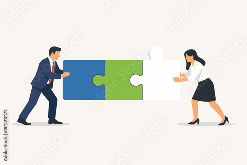 Business Teamwork Concept with Professional Businessman and Businesswoman Connecting Large Jigsaw Puzzle Pieces Together to Find a Solution, Strategy, and Partnership for Corporate Success