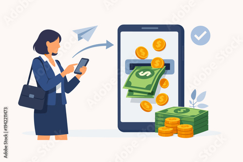 Businesswoman making a money deposit via a mobile banking app. Flat vector illustration of a woman sending cash and coins to a digital wallet on a smartphone for savings and online payment.