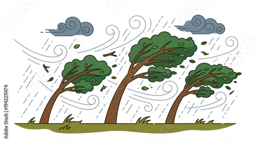 Flat vector outline illustration of strong wind bending trees, storm and hurricane disaster concept, simple geometric shapes