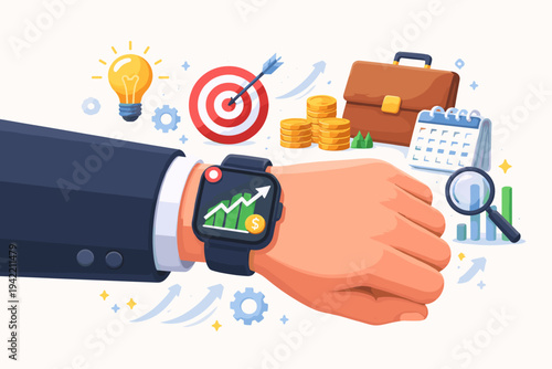 Businessman Hand Wearing Smartwatch with Financial Growth Chart and Business Icons Like Target, Lightbulb, Coins, Calendar, and Briefcase for Efficient Time Management and Profitable Success