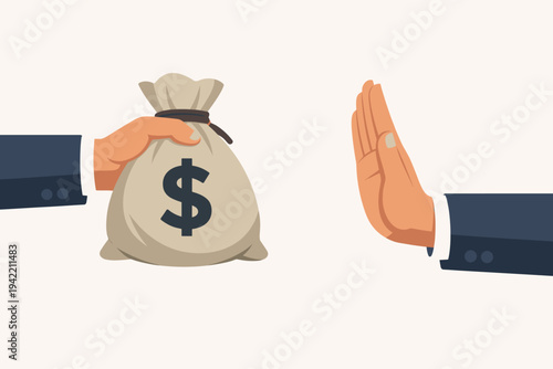 Businessman Hand Refusing a Bag of Money with Dollar Sign, Anti-Corruption Concept, Stop Bribery and Illegal Payments, Honest Business Ethics and Integrity, Flat Vector Illustration Design.