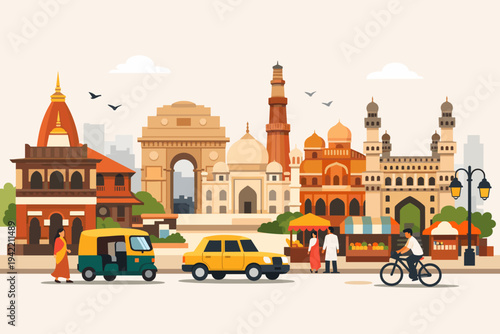Vibrant flat vector illustration of a busy Indian city street with iconic landmarks like India Gate, Taj Mahal, and Qutub Minar, featuring traditional buildings, auto-rickshaw, taxi, and locals.