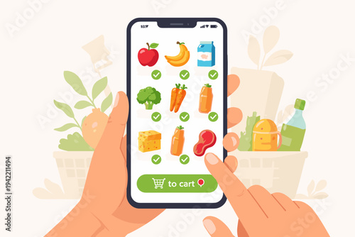 Flat vector illustration of hands holding a smartphone using a mobile grocery shopping app to buy fresh produce, fruits, vegetables, dairy, and meat for home delivery service from a supermarket.