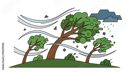 Flat vector outline illustration of strong wind bending trees, storm and hurricane disaster concept, simple geometric shapes