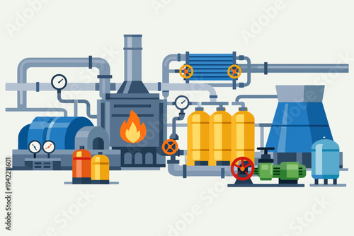 Flat vector illustration of industrial power plant equipment featuring complex piping systems, furnace with fire, cooling tower, storage tanks, valves, and gauges for energy production concepts.