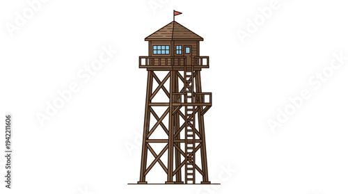 Flat vector outline illustration of a wooden observation tower with ladder, simple lookout structure made of timber beams