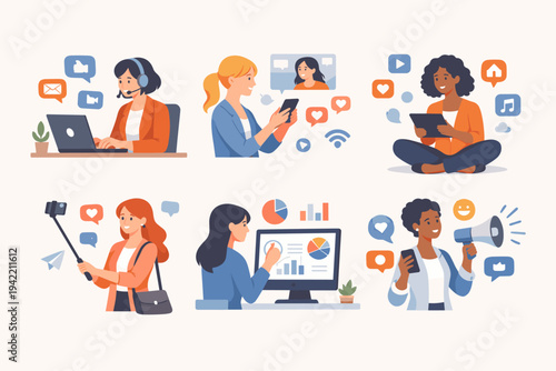 Set of diverse professional women working online using modern technology and social media platforms, featuring remote work, digital marketing, customer support, and data analysis illustrations.
