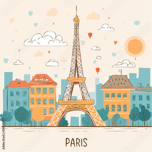 Urocza, ręcznie rysowana ilustracja Wieży Eiffla z panoramą Paryża i słonecznym niebem w tle.