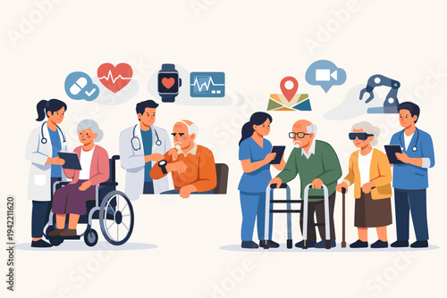 Professional medical team assisting elderly patients with disabilities using advanced technology like smartwatches, VR headsets, and tablets for health monitoring and rehabilitation support.