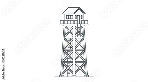 Flat vector outline illustration of a wooden observation tower with ladder, simple lookout structure made of timber beams