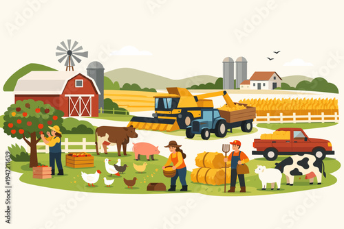 Flat vector illustration of a productive agricultural farm featuring a red barn, windmill, farmers harvesting wheat, picking apples, and tending to livestock like cows, pigs, sheep, and poultry.