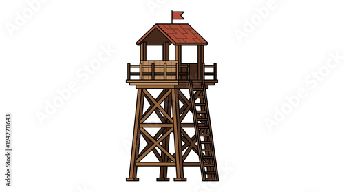 Flat vector outline illustration of a wooden observation tower with ladder, simple lookout structure made of timber beams
