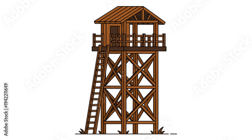 Flat vector outline illustration of a wooden observation tower with ladder, simple lookout structure made of timber beams