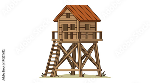 Flat vector outline illustration of a wooden observation tower with ladder, simple lookout structure made of timber beams