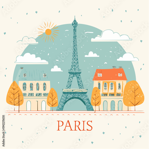 Urocza ilustracja Wieży Eiffla z budynkami i jesiennymi drzewami w Paryżu, stylizowana grafika miejska.