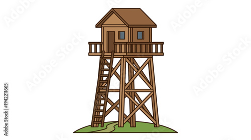 Flat vector outline illustration of a wooden observation tower with ladder, simple lookout structure made of timber beams