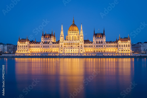The Budapest Parliament building at nightfall on the Danube river bank