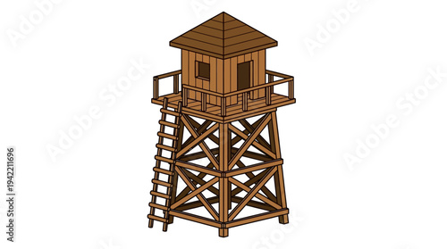 Flat vector outline illustration of a wooden observation tower with ladder, simple lookout structure made of timber beams
