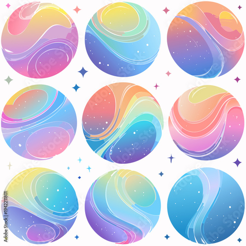 白い背景に配置された、パステルカラーのグラデーションが美しい9つの抽象的な惑星や球体のセット。幻想的な宇宙空間をイメージしたデザインで、星屑のような輝きと流れるような模様が特徴的な、洗練されたベクターイラストレーション素材です。