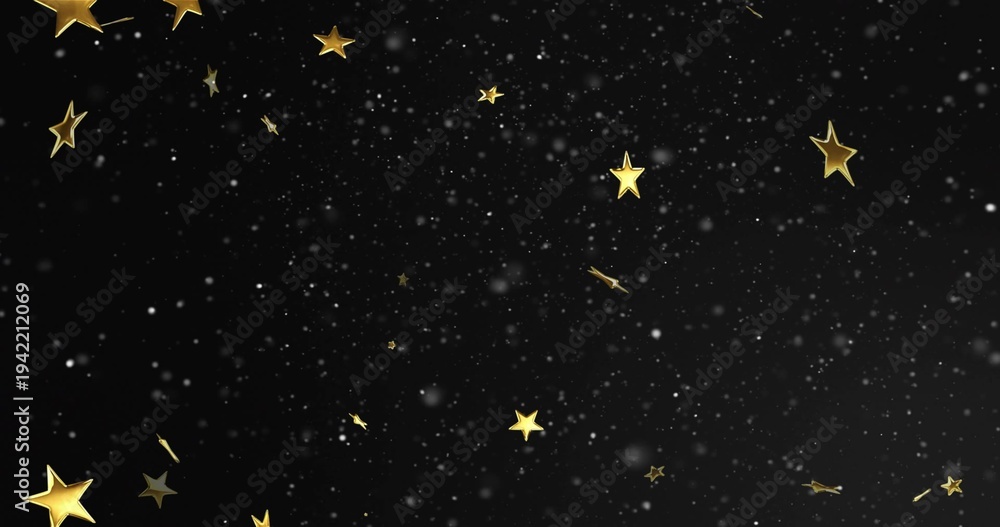 Fototapeta premium Metallic gold stars floating across deep black backdrop with white particle specks and halo glow