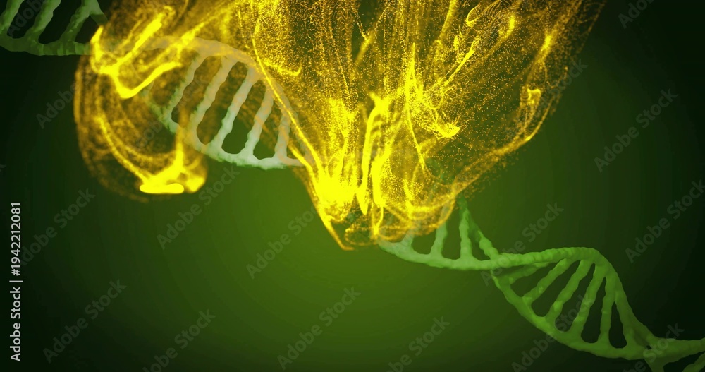 Naklejka premium Showing green double-helix DNA strand glowing and emitting yellow particle cloud in abstract studio