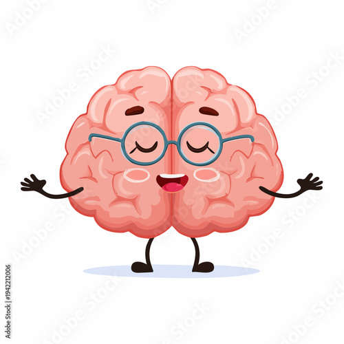 Cerebro sonriente y feliz con gafas, personaje de dibujos animados con brazos abiertos sobre fondo transparente.