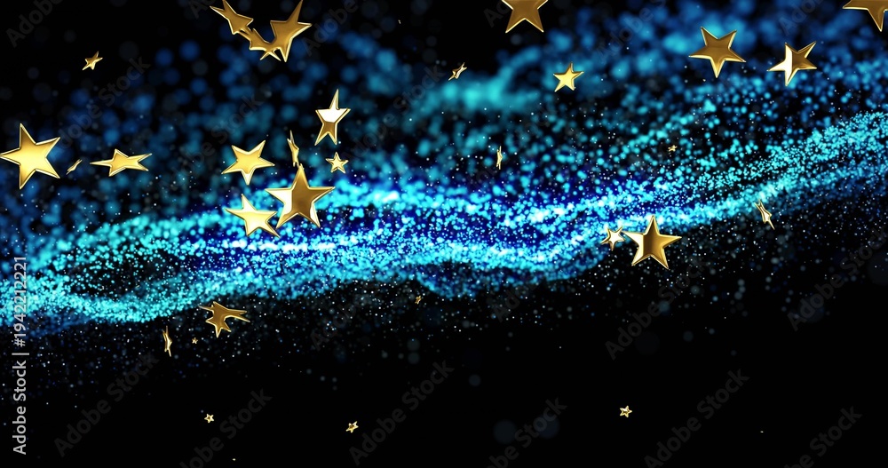 Fototapeta premium Flowing cyan ribbon carrying gold five-point stars across dark cosmic space, creating sparkles