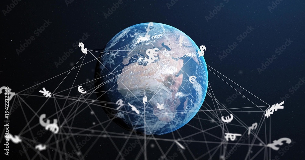 Fototapeta premium Floating Earth globe showing continents and clouds in space, with thin web linking currency symbols