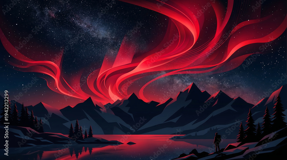 Fototapeta premium Red Aurora Borealis Glow Dark Mountain Silhouette Abstract Vector Art Night Sky Background Illustration