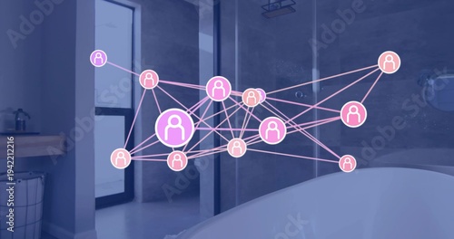 Floating user-node network overlay spanning home bathroom, showing freestanding bathtub and vanity