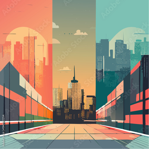 Stylizowana ilustracja miejskiego krajobrazu z wieżowcami w trzech różnych paletach barw o zachodzie słońca.