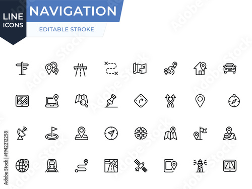 A comprehensive set of navigation, map, and location line icons. This high-quality vector collection includes GPS, compass, route, destination pins, and travel symbols. Features editable stroke.
