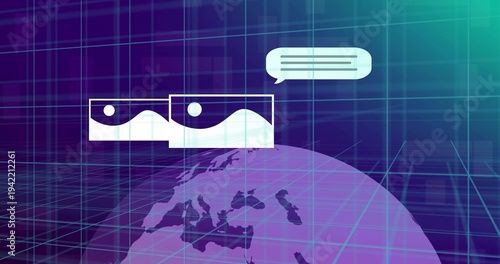 Glowing stylized globe rotating in virtual 3D UI, displaying thumbnails, chat bubble, cyan grid