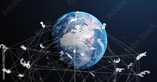 Floating Earth globe showing continents and clouds in space, with thin web linking currency symbols