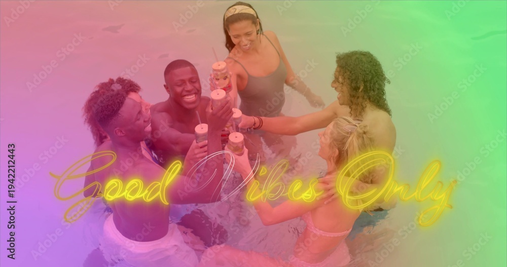 Fototapeta Clinking plastic cups, six adults leaning in waist-deep pool, in swimwear and neon Good Vibes Only