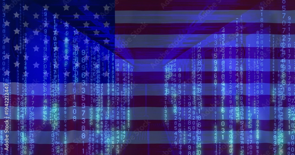 Fototapeta premium Displaying American flag with translucent stripes and blue canton stars streaming glowing code
