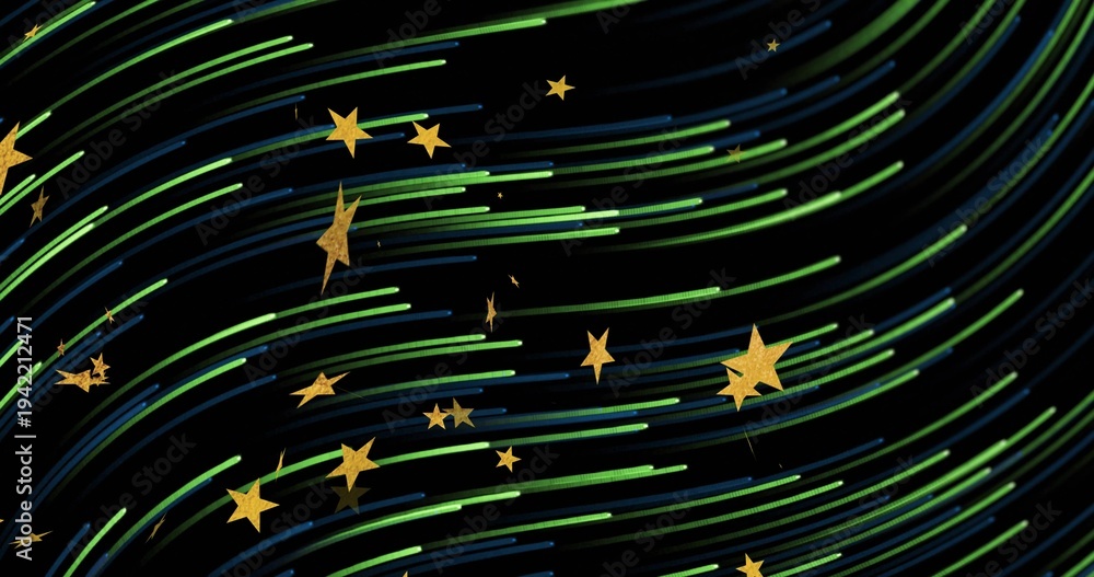 Fototapeta premium Flowing centered ribbon of green and blue light trails sweeping across black field, with gold stars