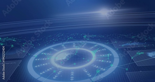 Data pulse activating central hologram circular interface rotating on dark blue grid, mapping nodes