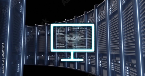 Floating neon monitor outline casting code across data center aisle, with server racks and LEDs