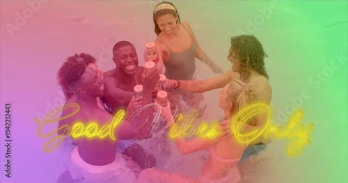 Naklejka na ścianę Clinking plastic cups, six adults leaning in waist-deep pool, in swimwear and neon Good Vibes Only