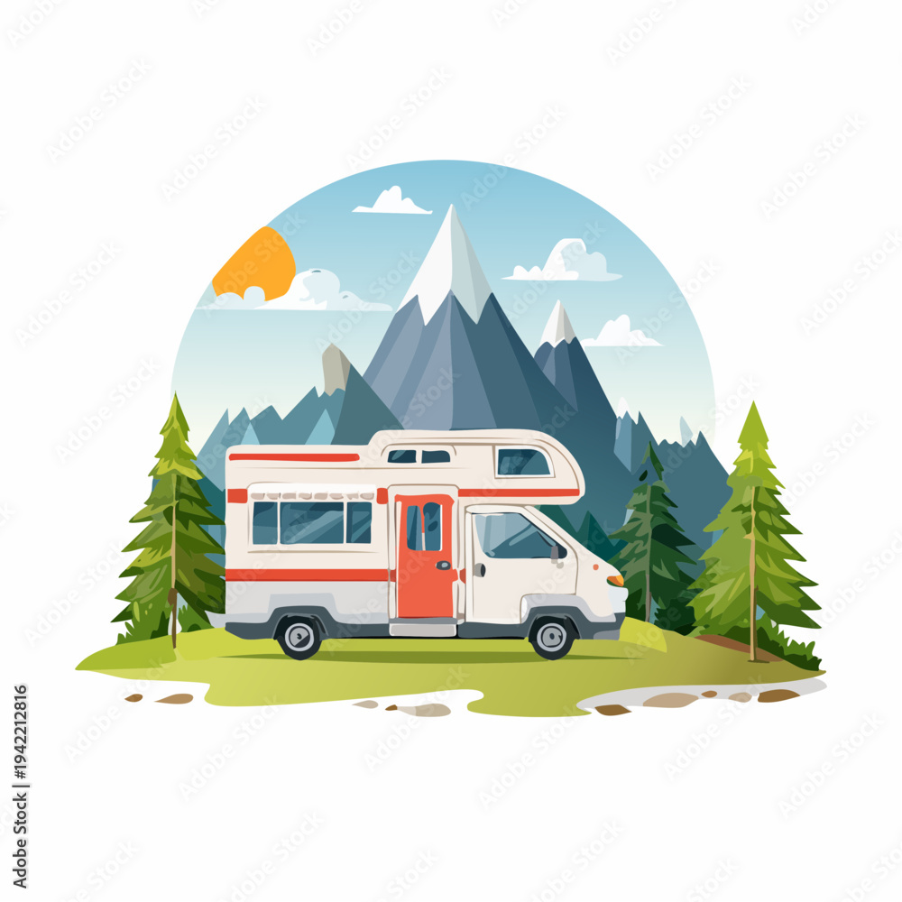Obraz premium Furgoneta autocaravana blanca acampando en un paisaje montañoso con pinos y sol brillante.