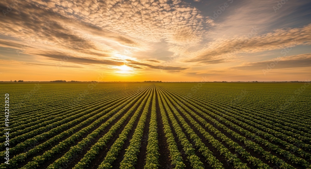 Obraz premium Vibrant green agricultural field at stunning sunrise with dramatic clouds