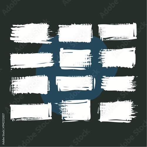 黒い背景に白いブラシストロークのテクスチャが施された長方形のラベルセット。手書き風の掠れたペイントが特徴的で、グラフィックデザインのバナーや見出し、フレームとして使用できるヴィンテージ感のあるベクター素材。